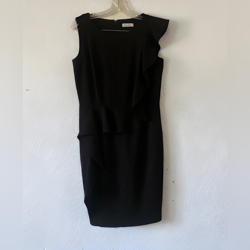 Calvin Klein Black Cocktail Ruffle Sheath Sleeveless‎ Midi Career Wear Office 8